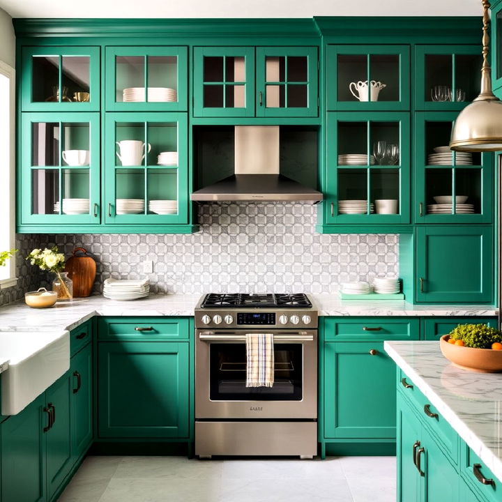 beautiful emerald green glass front cabinets