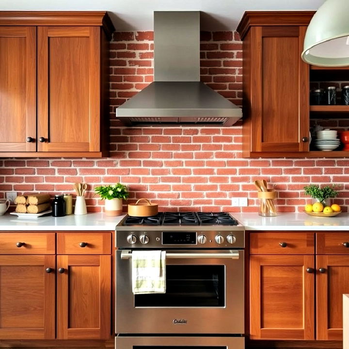 beautiful exposed brick kitchen backsplash