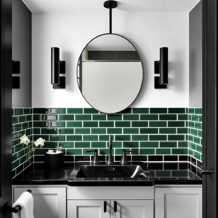 beautiful green backsplash for a black and white bathroom