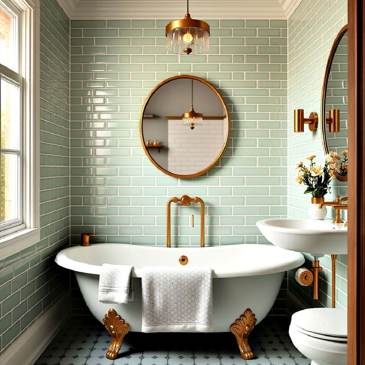 beautiful pistachio green tiles with brass fixtures