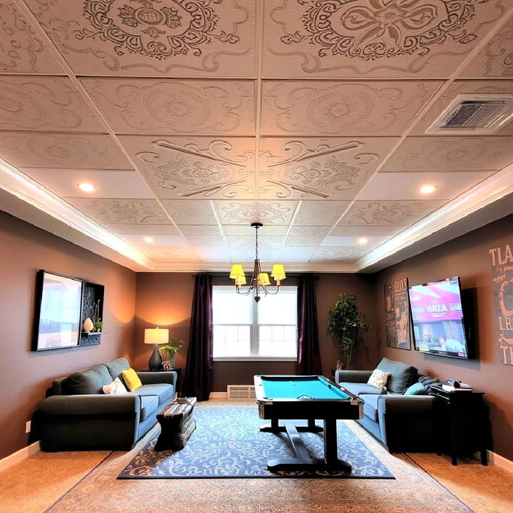 beautiful stenciled basement drop ceiling