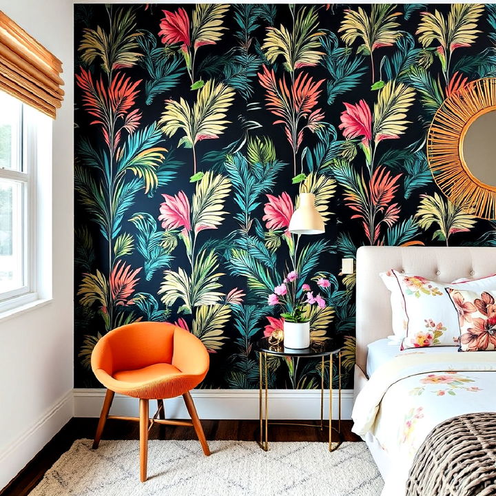 bedroom accent wall with bold wallpaper