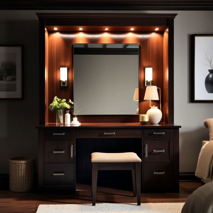 bedroom dark wood vanity with built in lighting