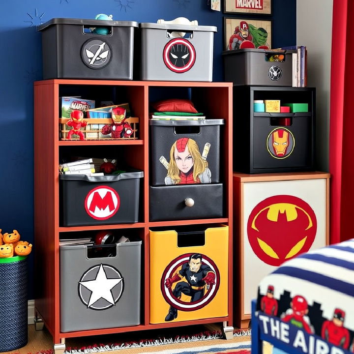 bedroom organized with marvel themed storage solution