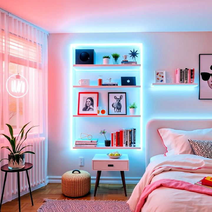 bedroom storage with neon shelving