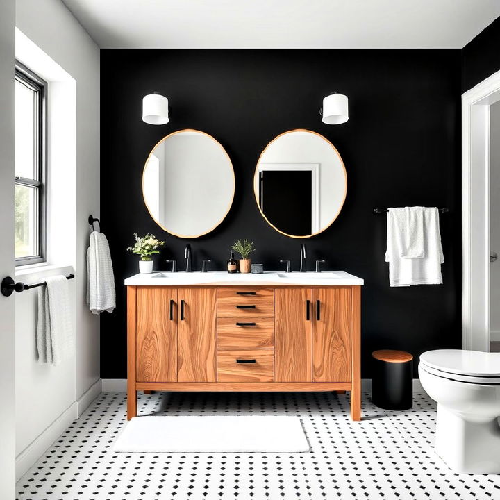 black accent wall with wooden vanity for bathroom