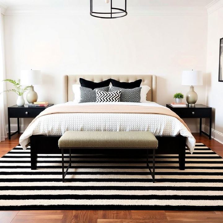 black and beige striped rug for bedroom