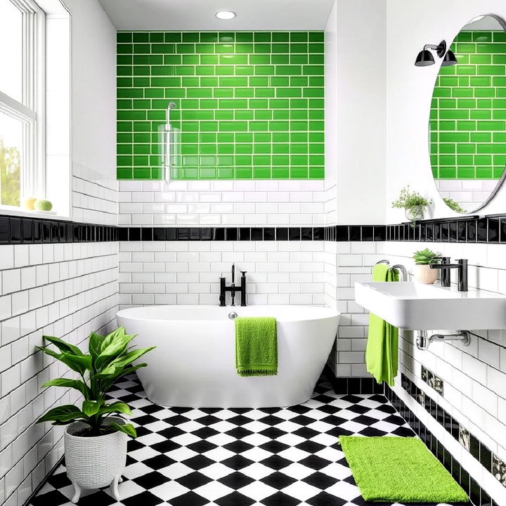 black and white bathroom with monochrome tiles and green accents