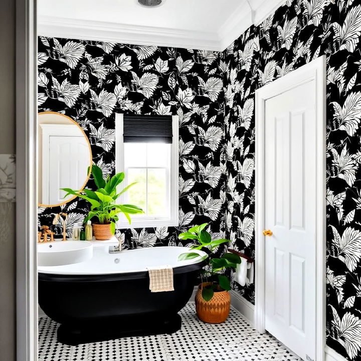 black and white botanical bathroom wallpaper with green accents