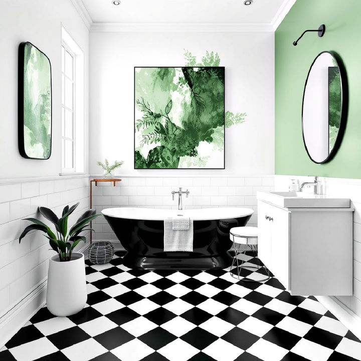 black and white checkerboard floor with green bathroom wall art