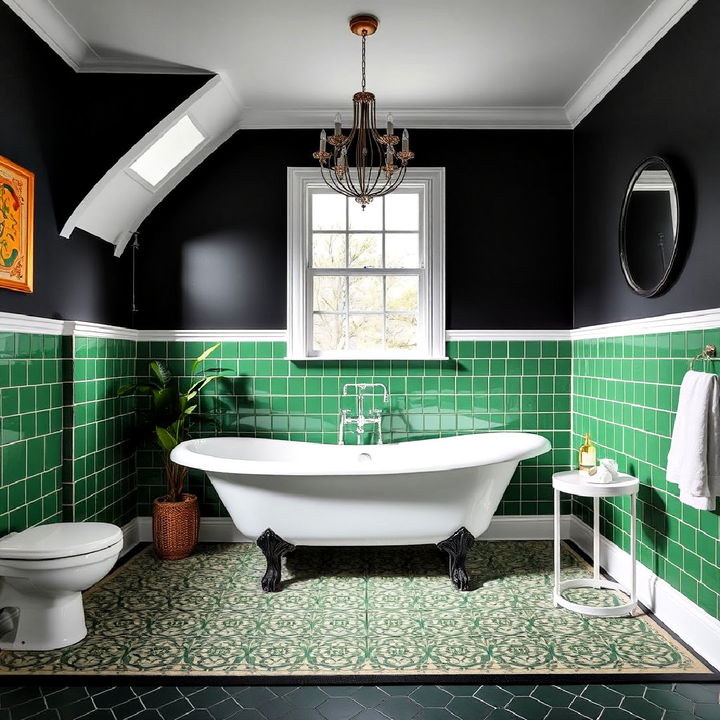 black and white clawfoot tub with vibrant green floor tiles