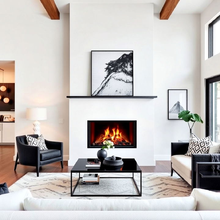 black and white fireplace with glass enclosure