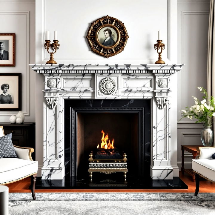 black and white marble mantelpiece fireplace