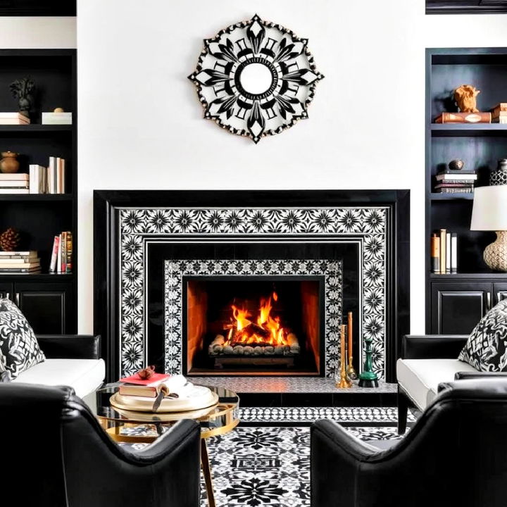 black and white moroccan tile fireplace