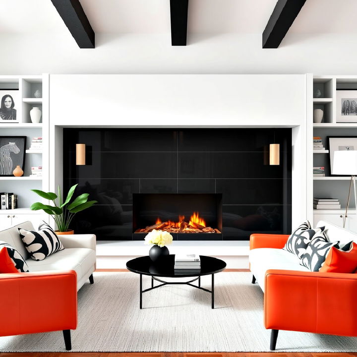 black and white palette and mid century modern fireplace