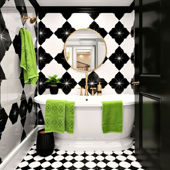 black and white patterned bathroom tiles with refreshing green accents