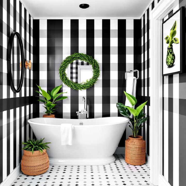 black and white striped walls with lively green bathroom decor