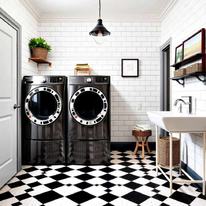 black and white vintage checkered tiles flooring