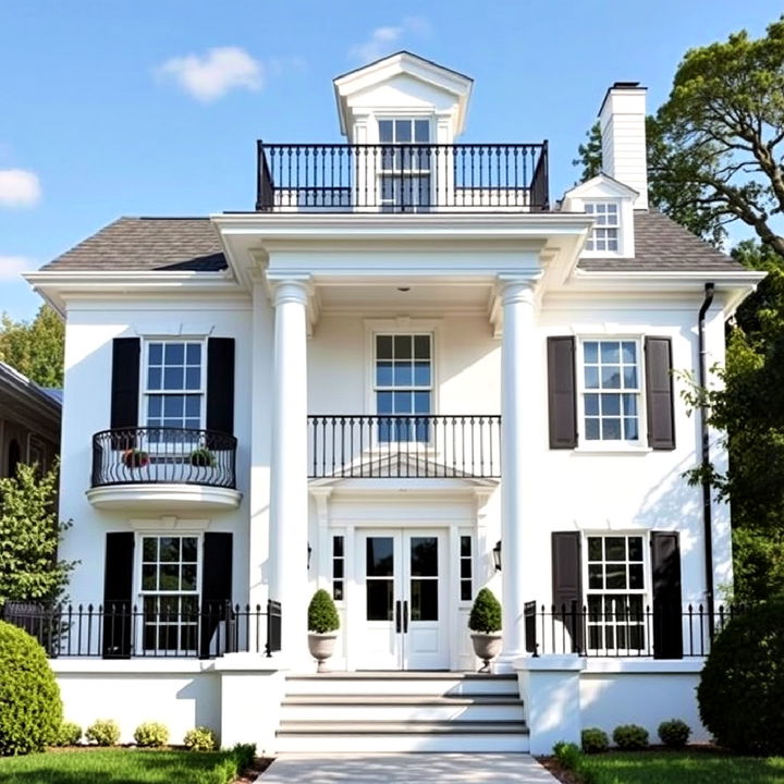 black balcony railings on a white facade