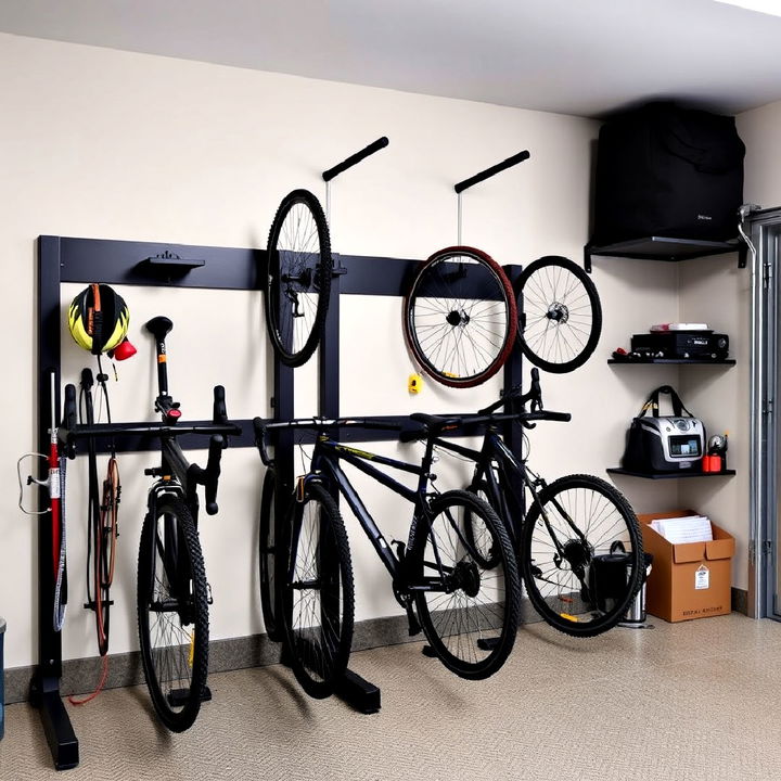 black bike rack with wall storage to organize your garage