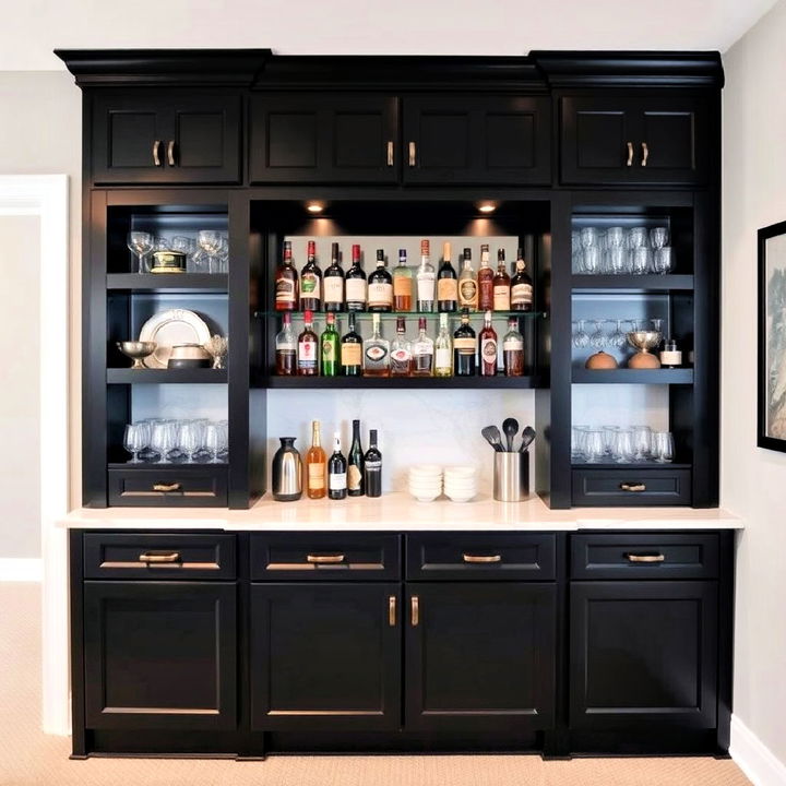 black built in bar in a basement entertainment area