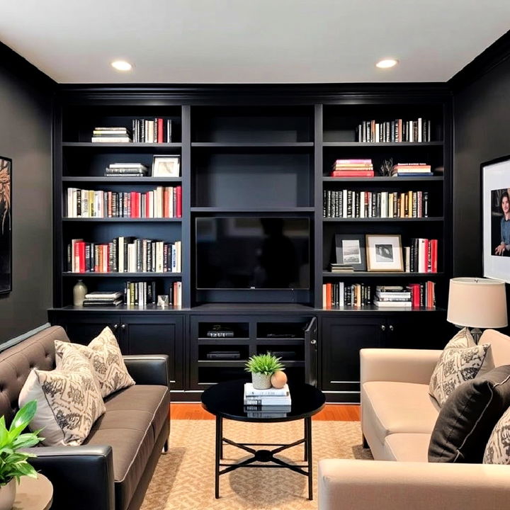 black built in bookshelves for a basement library