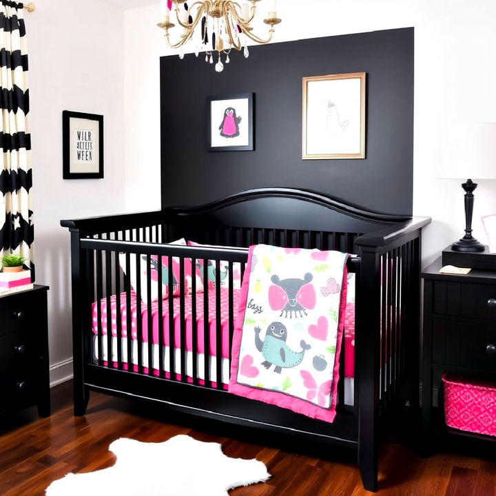 black crib with bright bedding