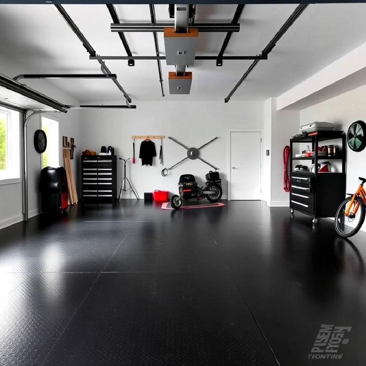 black epoxy garage flooring with high contrast white walls