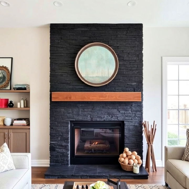 black faux stone fireplace