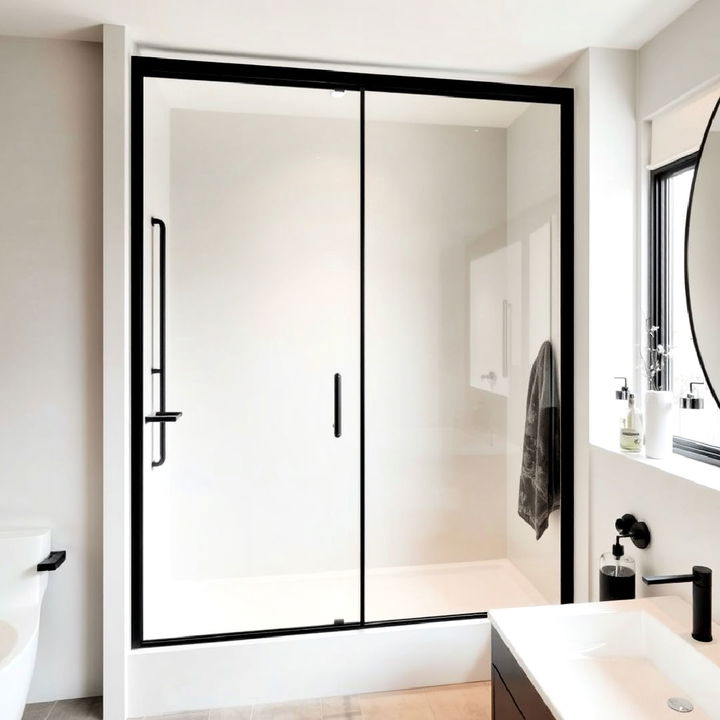 black framed shower door for bathroom