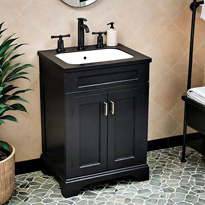 black freestanding sink with wooden tiled wall