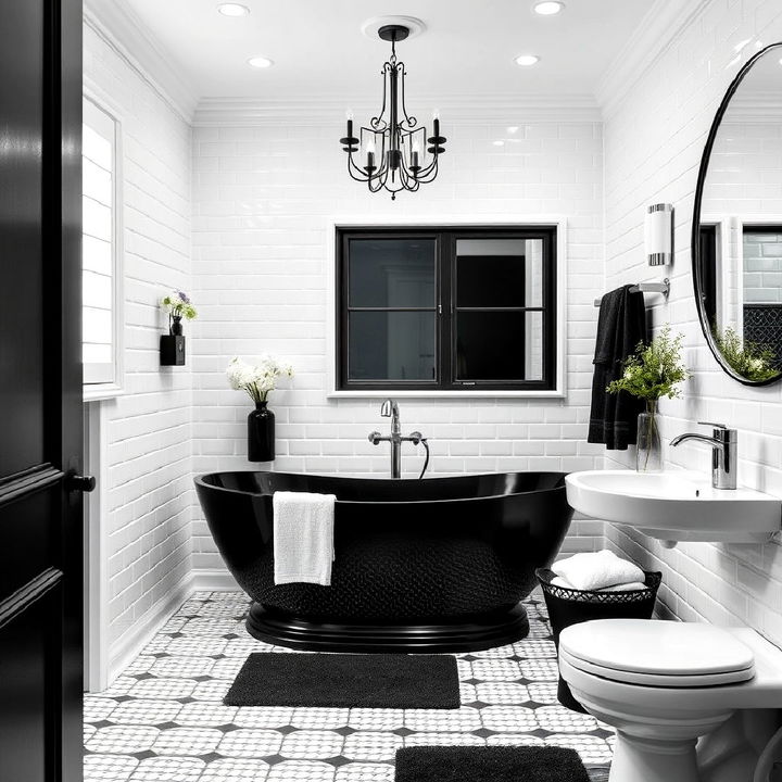 black freestanding tub with white surround