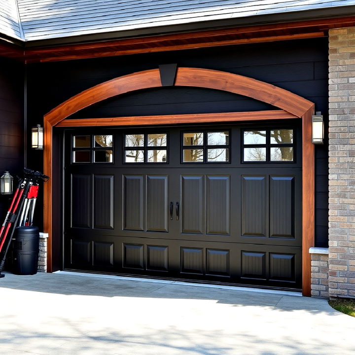 black garage doors with wood trim to create a beautiful look