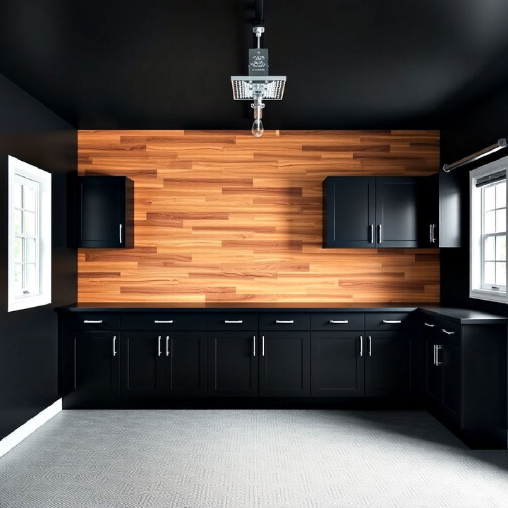 black garage with wood panel accent wall for a cozy look