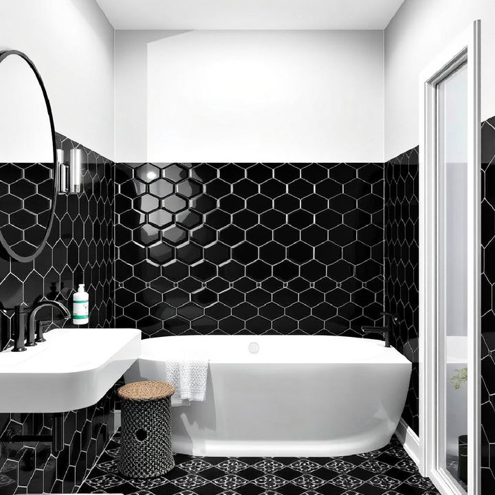 black geometric tiles bathroom