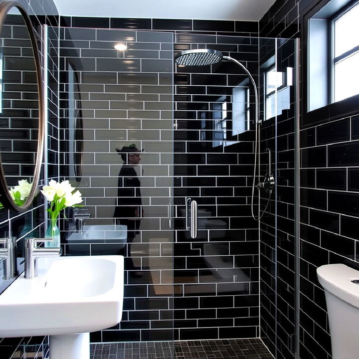 black glass subway tiles bathroom