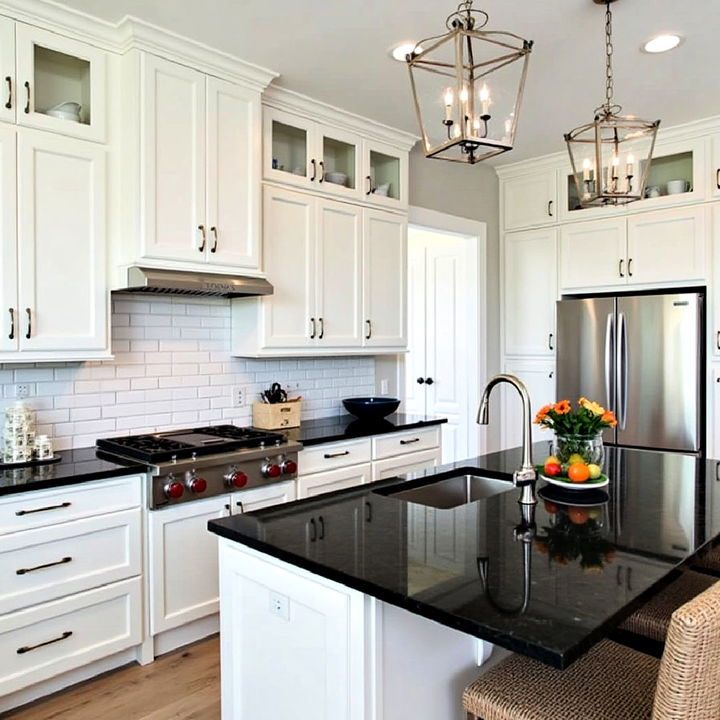 black granite countertops and white cabinets