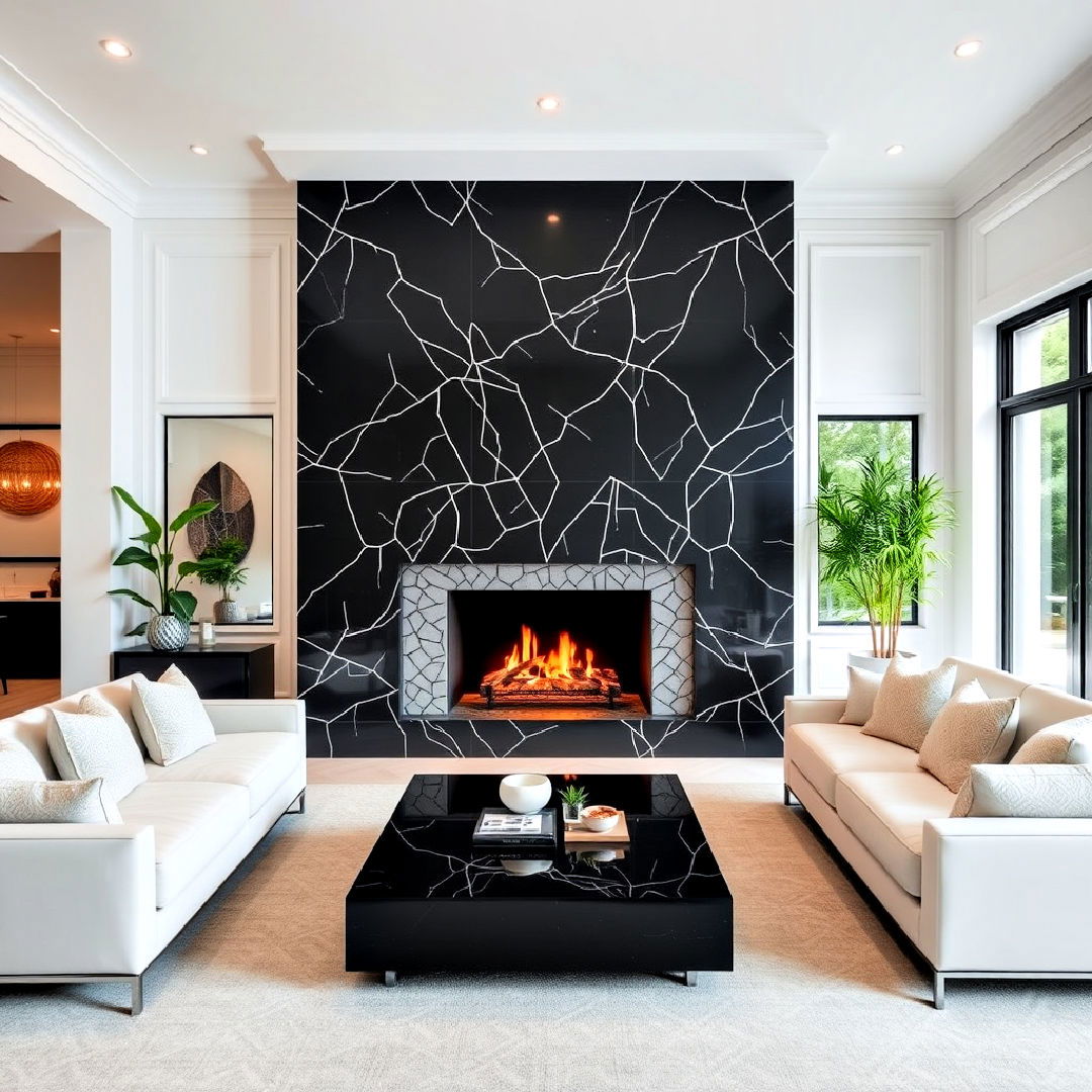 black granite fireplace with modern geometric patterns