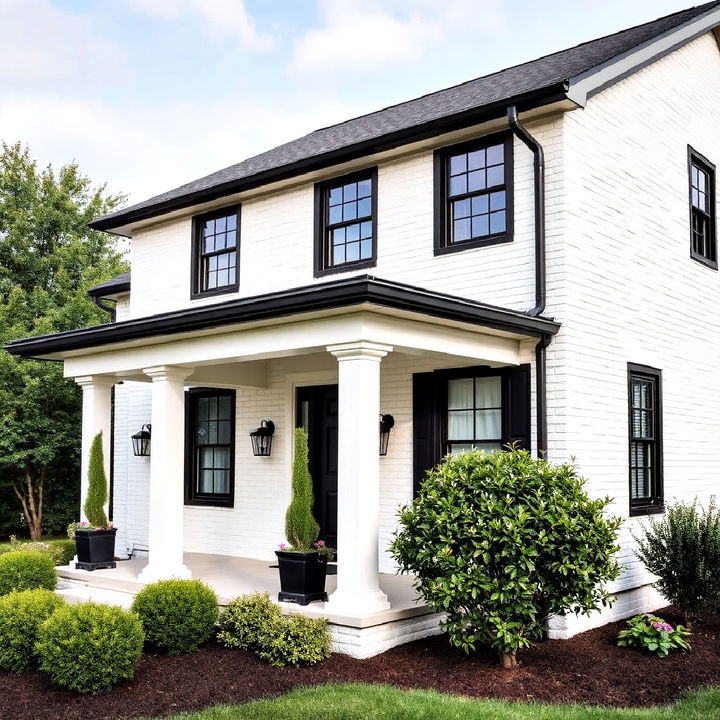 black gutters on a white brick house