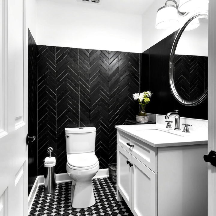 black herringbone wall with white vanity