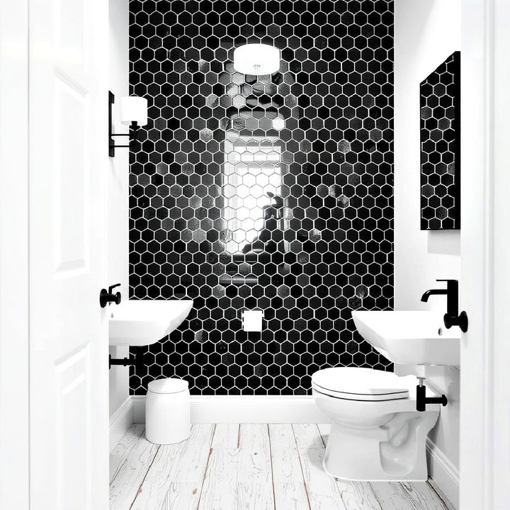 black hexagonal tiles with white grout