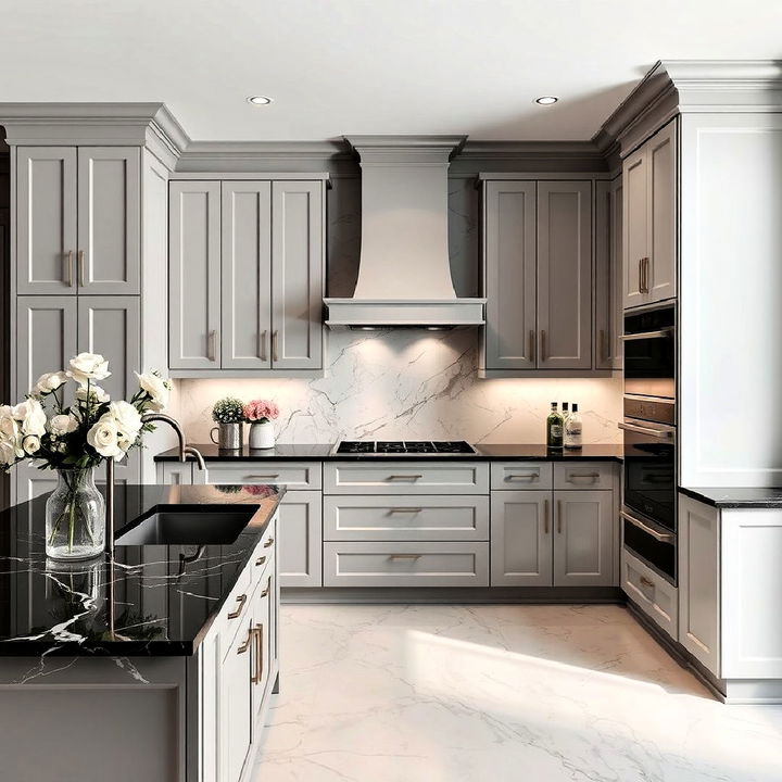 black marble countertops and subtle soft gray cabinets