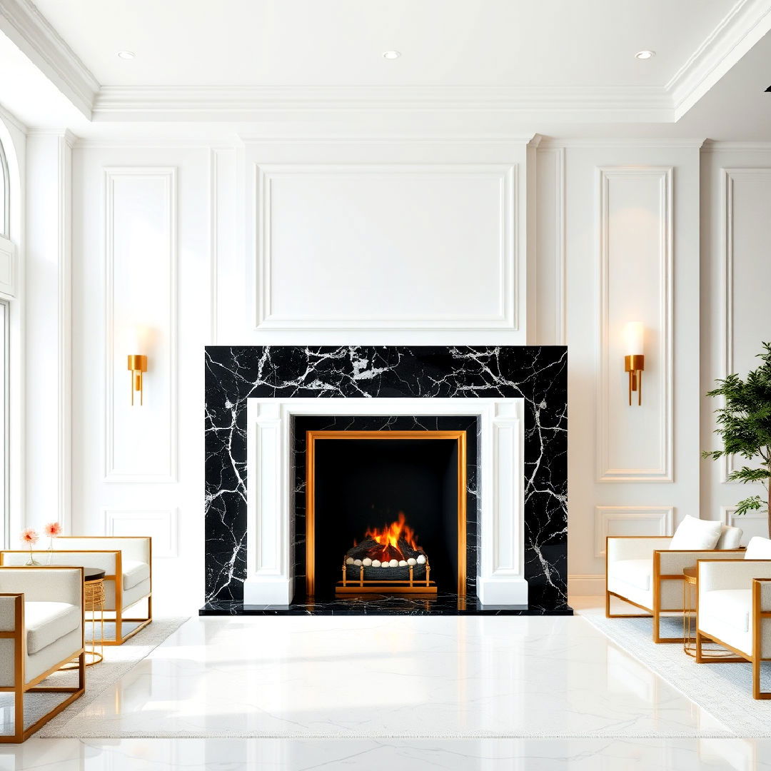 black marble fireplace with luxe gold accents