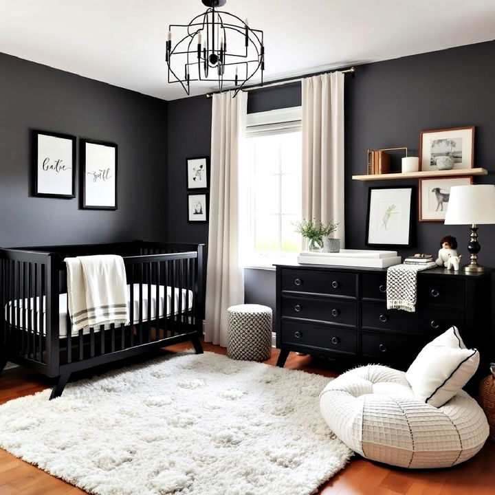 black nursery furniture with soft textiles