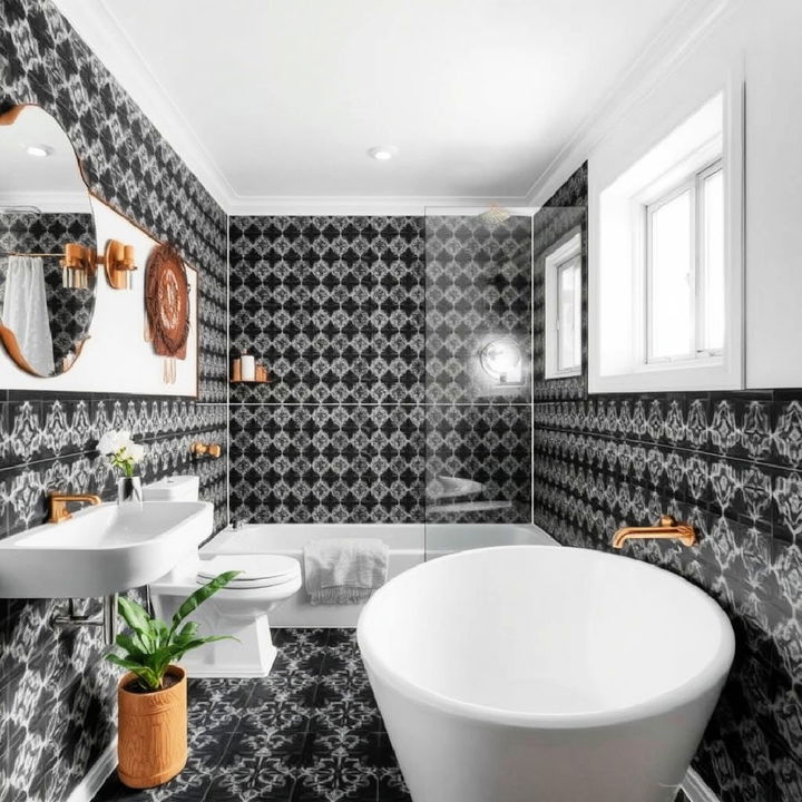 black patterned cement tiles bathroom