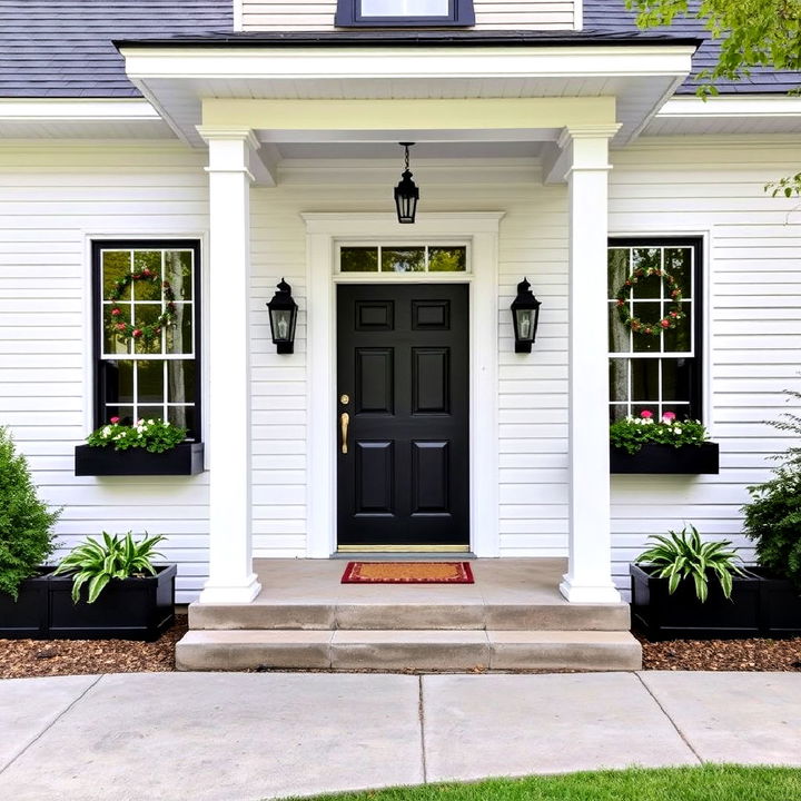 black planter boxes with white siding