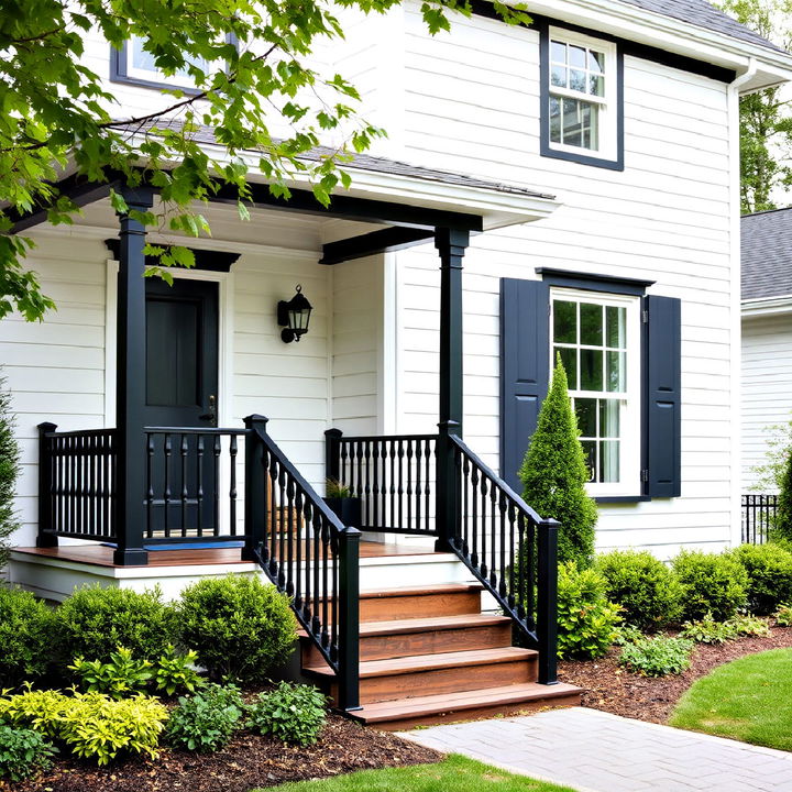 black porch railing on a white house