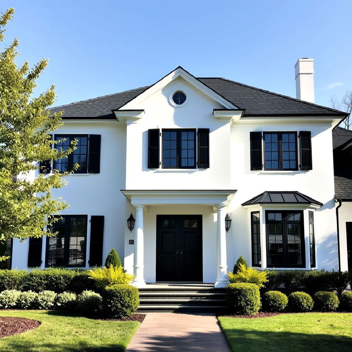 black roof eaves on a classic white exterior