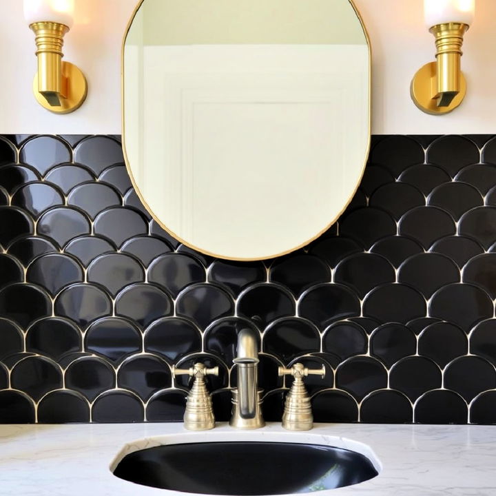 black scalloped tile bathroom backsplash