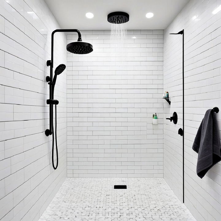 black showerheads paired with light tile